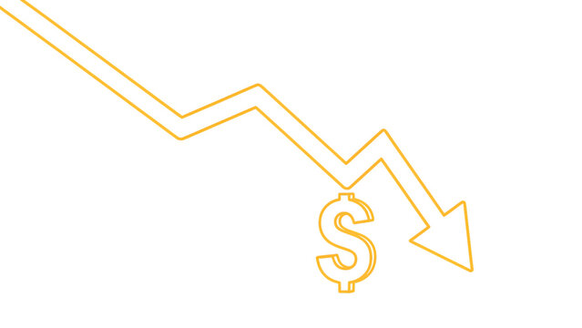 Minimal line vector illustration showing a downward arrow with a dollar symbol representing financial loss or economic decline. Suitable for business reports, finance presentations, and economic infog