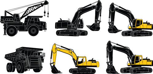 Set of heavy construction machinery silhouettes including excavators crane and dump trucks for industrial engineering building site and earthmoving projects © MdAbdul