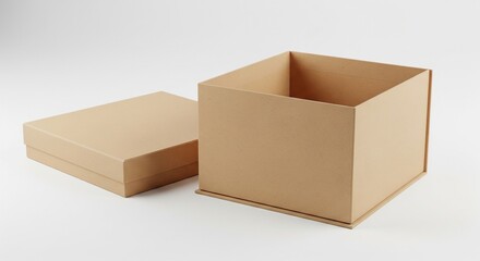 Cardboard box mockup open gift packaging with lid on white background landscape orientation minimalist aesthetic