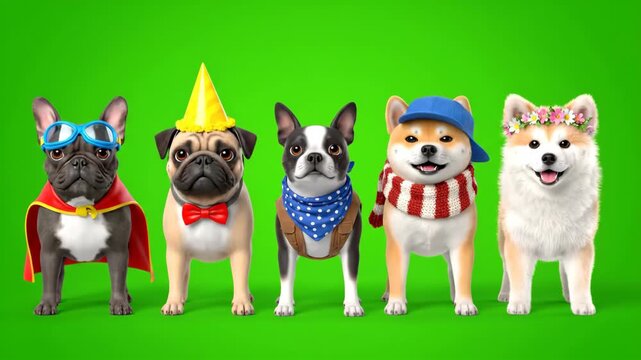 Group of 5 animated dogs in costumes dancing on green screen