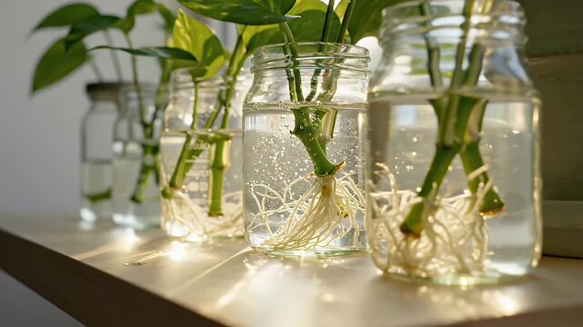Line of Pothos Plant Cuttings with Visible Roots in Glass Jars on a Wooden Shelf in Sunlight