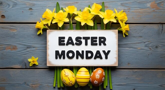 Easter monday celebration with daffodils and easter eggs