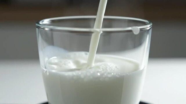 Close-up of fresh milk being poured into a clear glass, creating frothy bubbles and ripples