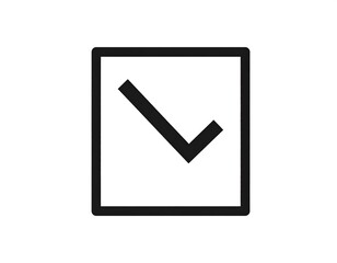 A simple, black-and-white icon depicts a downward pointing arrow within a square frame, suggesting decline or progress