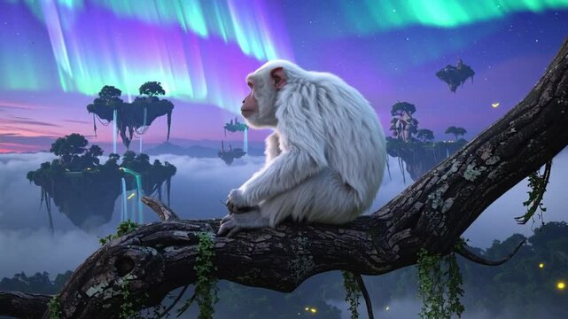 Fantasy White Monkey Sitting on Tree Branch with Floating Islands and Aurora Borealis