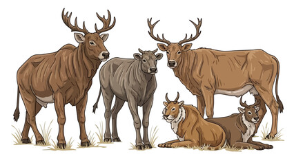 A cute cartoon illustration of a group of wild deer and reindeer with antlers isolated on a white background for Christmas nature wildlife designs © Rizky