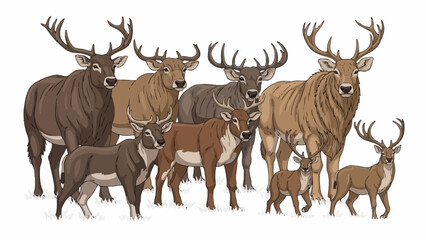 A cute cartoon illustration of a set of different wild deer and reindeer mammals with antlers and horns isolated on white for Christmas nature wildlife designs © Rizky
