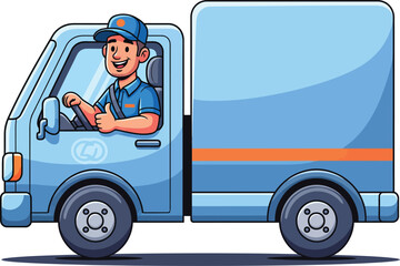 Cheerful male courier in a blue cap and uniform driving a delivery truck, smiling with a thumbs-up.