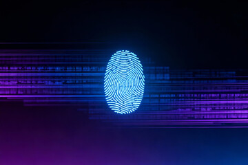 Digital fingerprint scan technology background with neon data lines