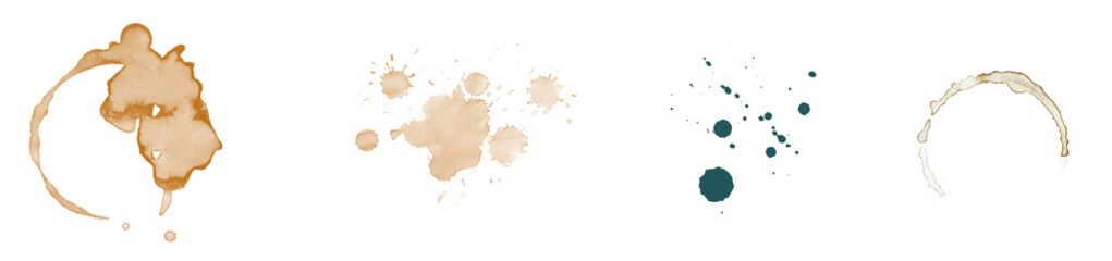 a realistic photograph showcasing various liquid stains, including coffee rings and ink splatters,...