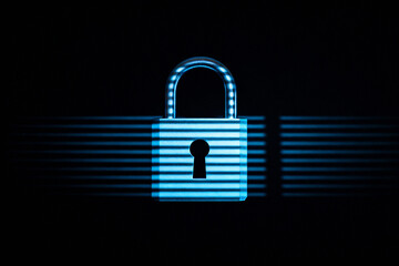 Cybersecurity lock icon with glowing digital scan lines background