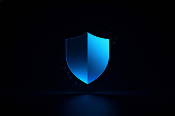 Minimal cybersecurity shield icon glowing blue on dark background