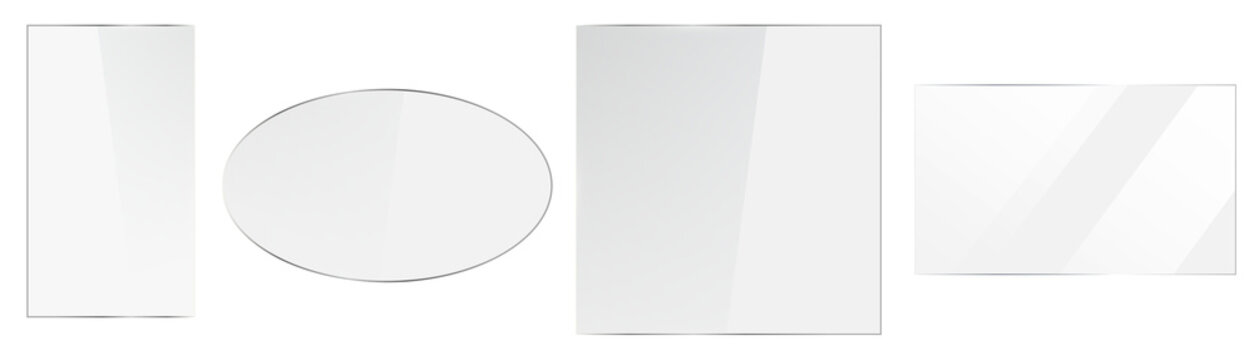 photorealistic 3d render of various transparent glossy acrylic or glass sheets with reflections and highlights, isolated on black.