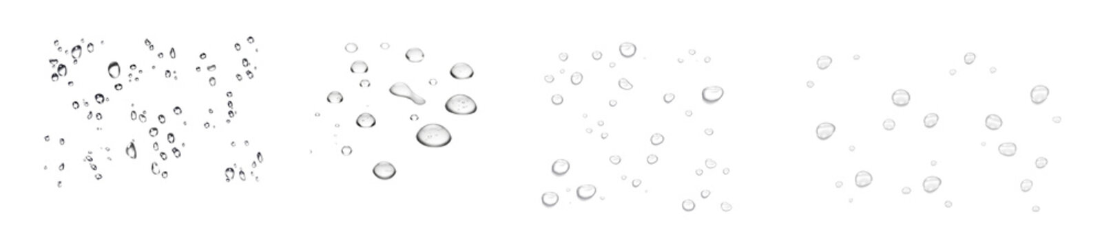 photorealistic collection of water drops and liquid beads in various sizes and patterns, exhibiting clear reflections on a dark background.