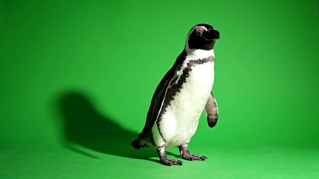 A standing penguin on a bright green backdrop with its shadow visible