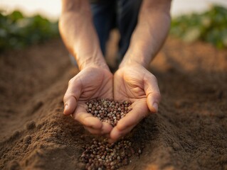 Farmer's hands holding seeds for planting in fertile soil