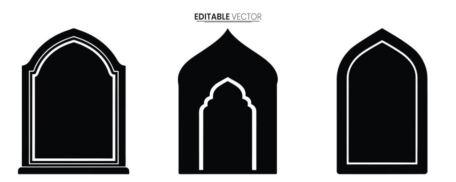 Three gothic arch windows are displayed in a stark black and white illustration against a white background