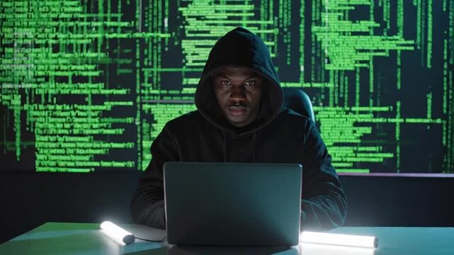 Hacker Working on Laptop with Code Display.