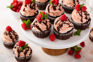 Raspberry chocolate cupcakes with fresh raspberries and chocolate sauce for Valentines Day