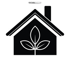 A simple black and white vector illustration depicting a house with a leaf design on the front
