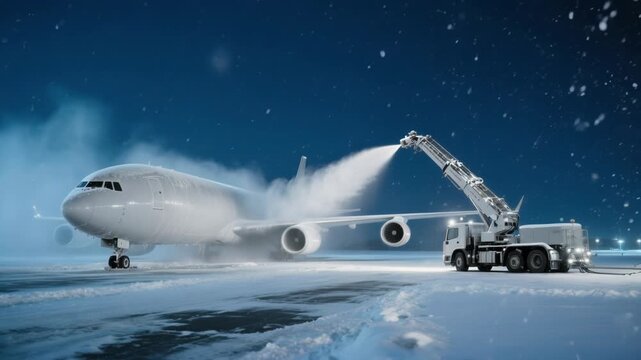 Aircraft deicing machine sprays fluid on airplane during winter snowfall, ensuring safe takeoff in icy and cold weather conditions
