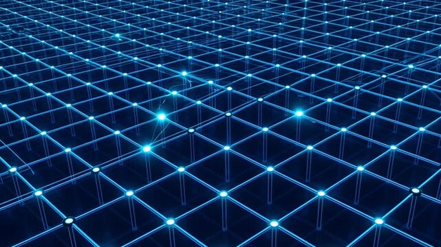 A futuristic video showcasing a complex network of glowing blue lines and dots in a grid pattern