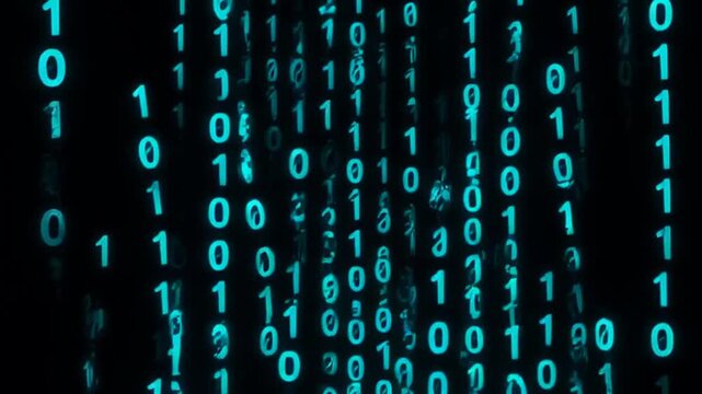 A video showcasing binary code on a dark background with blue lights