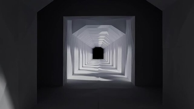 A video showcasing a long, narrow, white tunnel with a black hole at the end