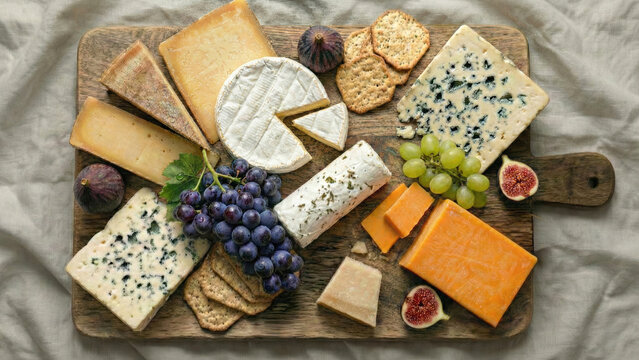 Gourmet cheese board flat lay featuring variety of artisan cheeses, brie, cheddar, blue, grapes, figs and crackers on wooden platter. Top down view of appetizer catering spread.