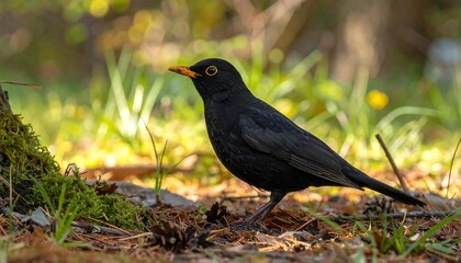 Obraz premium A side profile captures a sleek black bird with an orange beak, perched amidst forest floor vegetation with sunlight