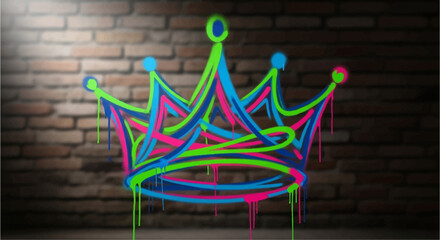 A vibrant neon graffiti crown painted on a dark brick wall, illuminated by a spotlight, showcasing urban art and street style.