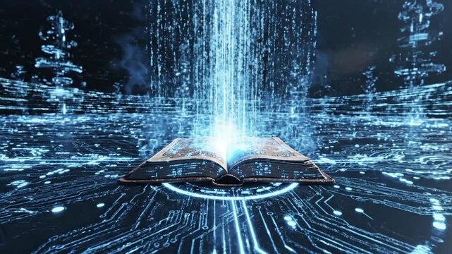 Digital knowledge book on circuit board with abstract data flow