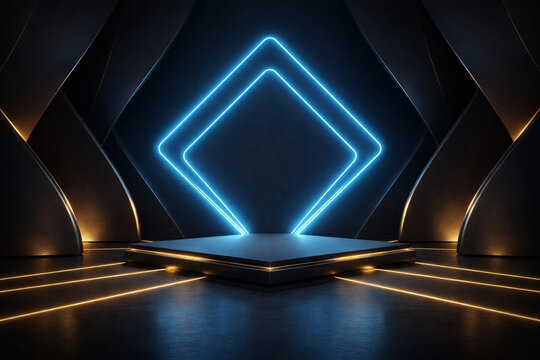 AI generated futuristic luxury sci fi abstract stage with glowing blue neon diamond frame dark architectural walls and golden light accents for premium technology and brand presentation