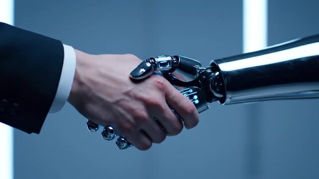 A human and robot hand shake in a futuristic setting, offering a symbol of a contract