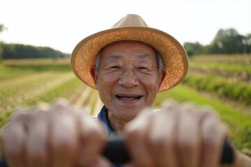 Happy elderly Asian farmer with a straw hat smiles at the camera, holding a tool in a field of crops, embodying rural life and agriculture
