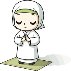 Fototapeta premium Cute cartoon Muslim girl in a white hijab and dress praying peacefully on a prayer mat.