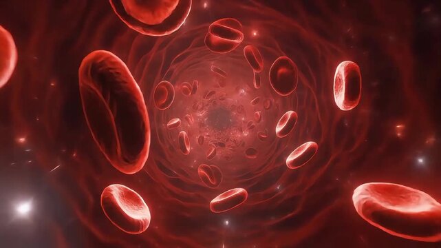 Vibrant Red Blood Cells Flow Through Blood Vessel.