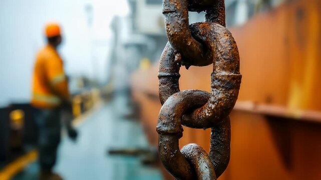 Close up of a heavily rusted metal chain in the foreground with a blurred background of a worker in an orange safety vest and hard hat on a foggy industrial dock during the day