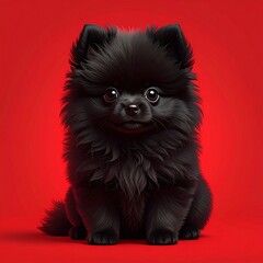 Obraz premium Adorable Black Pomeranian Puppy Sitting Gracefully Against a Vibrant Red Backdrop.