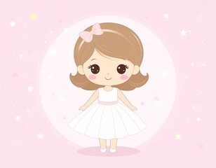 Adorable Cartoon Girl in White Dress with Pink Bow and Background.