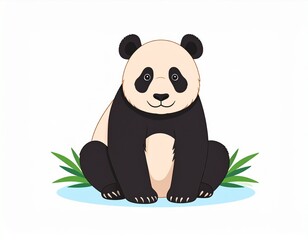 Obraz premium Adorable Cartoon Panda Bear Sitting on the Ground with Green Grass, Smiling and Happy.