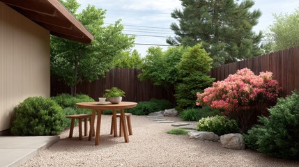 Obraz premium Serene Outdoor Space with Wooden Table Surrounded by Lush Greenery and Colorful Flowers in a Tranquil Garden Setting