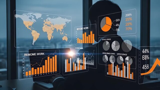 Man In Dark Suit Analyzes Global Financial Data Charts Graphs And World Map On Futuristic Transparent Display Screen With Orange Accents In Modern Office At Dusk