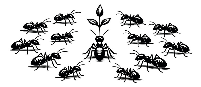 Hand drawn ant set featuring a queen ant with a plant sprout and worker ants for nature and biological themes