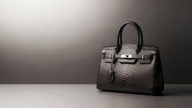 Luxurious black handbag with textured leather and silver hardware on a gradient background.