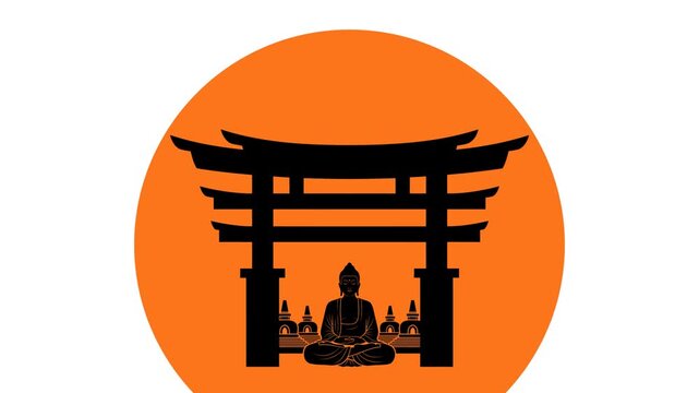 Silhouette of temple and buddha statue with sunset clean vector icon illustration, suitable for buddhist day or vesak celebration design
