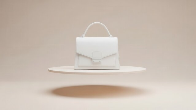 Elegant white leather handbag with a top handle and flap closure, floating on a minimalist light platform against a soft beige background.
