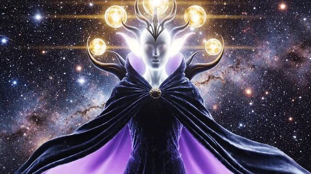 Ethereal cosmic deity with glowing orbs and flowing purple robes in a starry galaxy