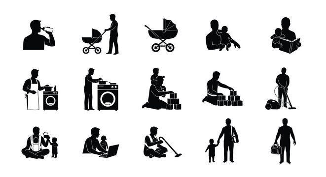 Black silhouettes of people doing daily activities household chores and parenting tasks on white background