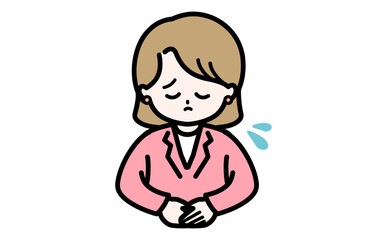 接客マナーのミスを申し訳なく謝罪する女性事務員のイラスト。トラブル対応やマニュアル用素材。